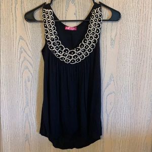 Black tank top with floral and pearl detail